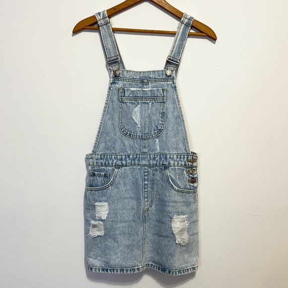 Retro 90s Forever 21 Light Wash Denim Distressed Overall Dress Womens Size XS - Picture 2 of 10
